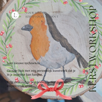 Aquarelworkshop Mechelen: schilder een kerstvogel op hout met gouden accenten