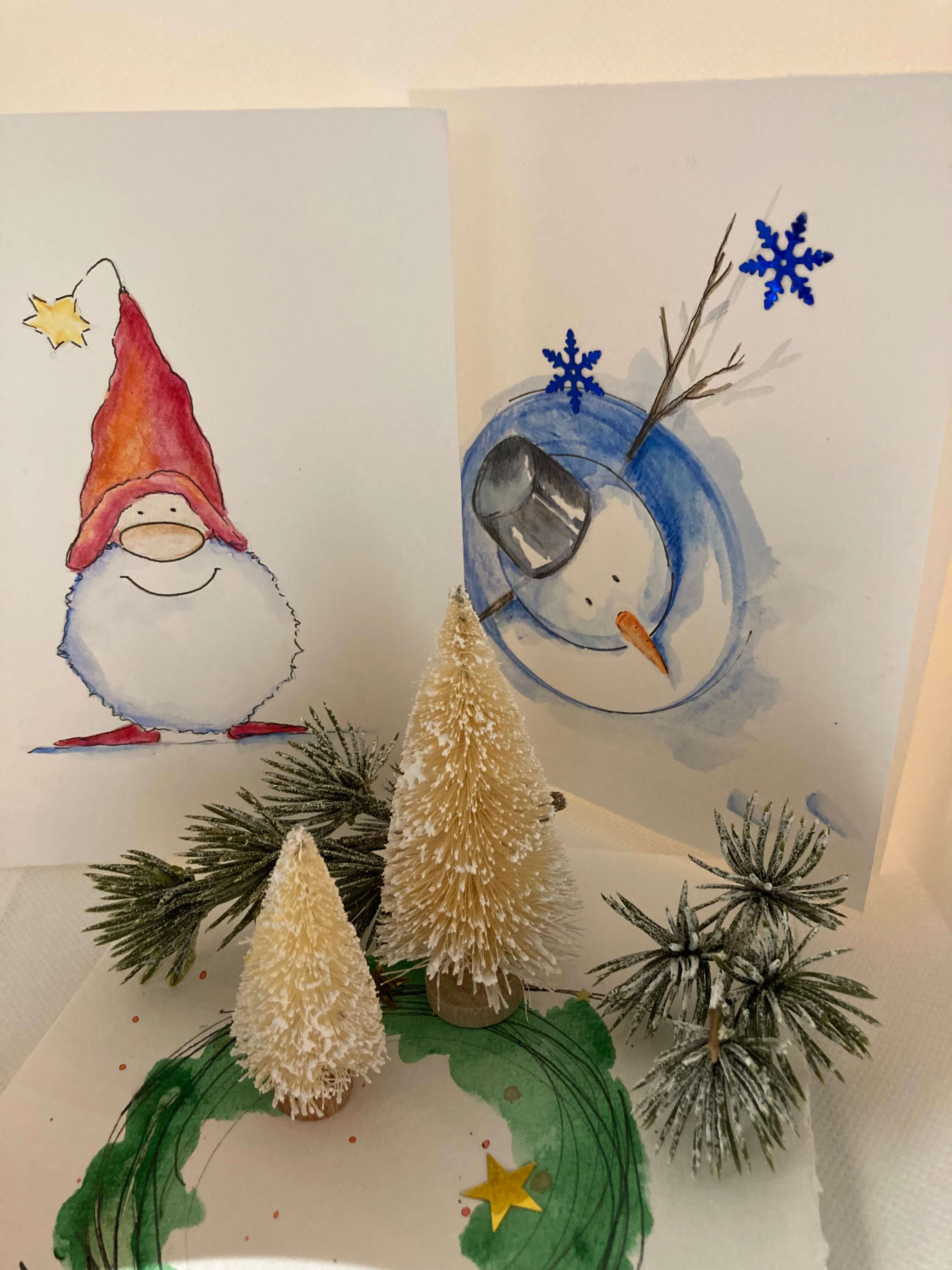 Kerstkaarten maken met aquarelstift - Foto