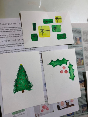 Kerstkaarten met ecoline en acrylinkt